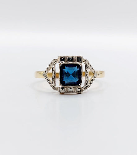 Bague 52 Bague Art déco en or jaune 18k avec pierre bleue (circa 1920) 58 Facettes A07153
