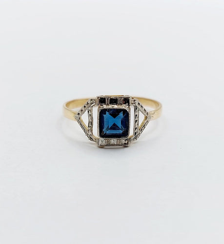 Bague 52 Bague Art déco en or jaune 18k avec pierre bleue (circa 1920) 58 Facettes A07153