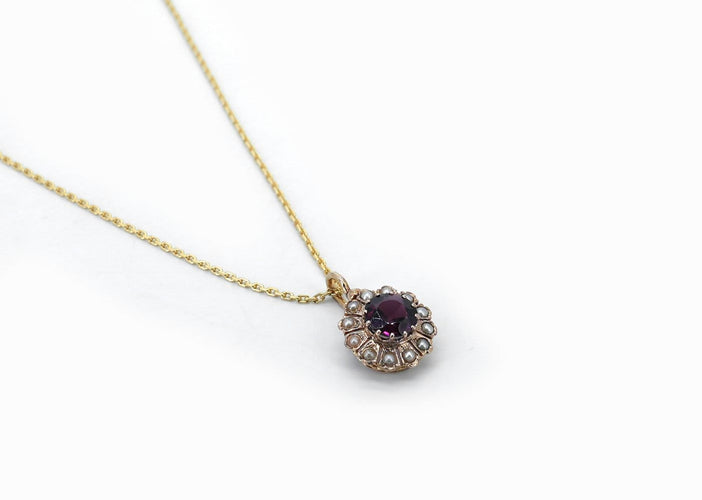Pendentif Pendentif ancien rosace en or rose 18 carats, grenat et perles 58 Facettes Pendentif 149 11