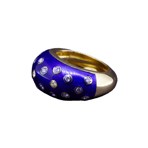Bubble Ring - Bague en or jaune 18K, émail bleu et diamants