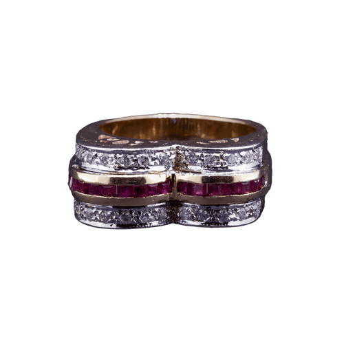 Tank - Bague en or jaune 12K aux diamants et rubis