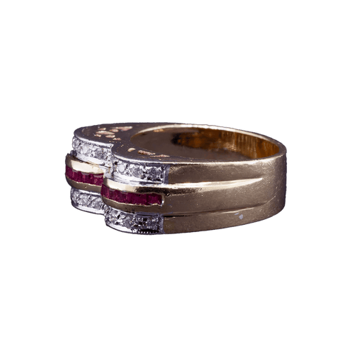 Tank - Bague en or jaune 12K aux diamants et rubis