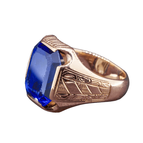 Chevalière - Bague en or jaune 14K avec verre cobalt