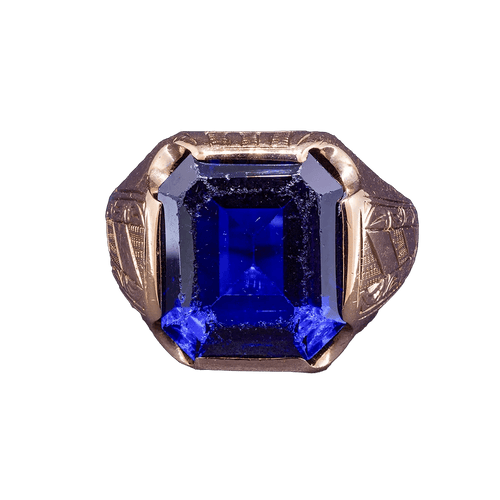 Chevalière - Bague en or jaune 14K avec verre cobalt