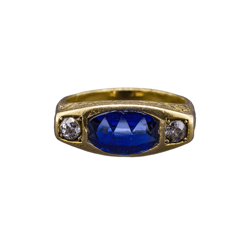 Chevalière - Bague en or jaune 18K avec diamants et verre cobalt