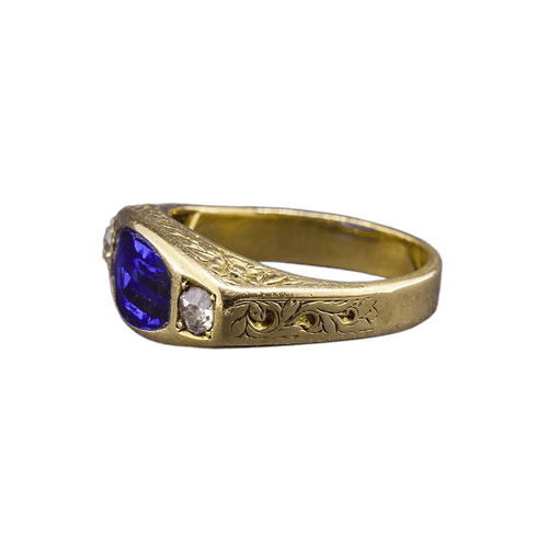 Chevalière - Bague en or jaune 18K avec diamants et verre cobalt