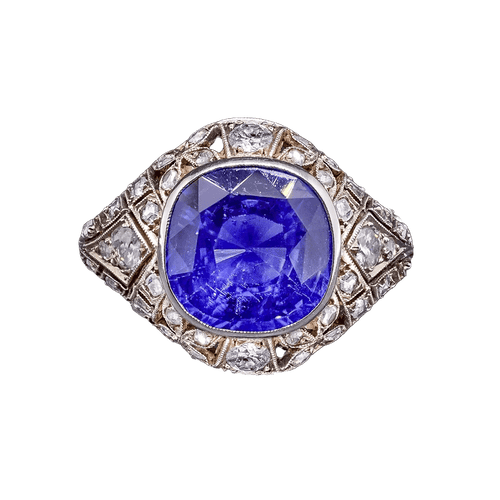 Art déco - Bague en or blanc 18K, saphir synthétique et diamants