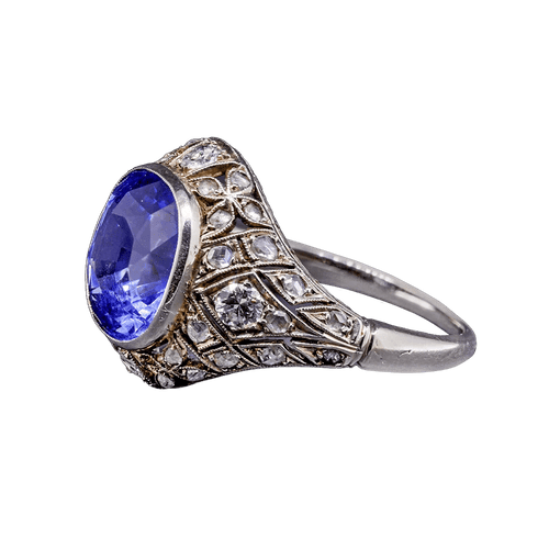 Art déco - Bague en or blanc 18K, saphir synthétique et diamants