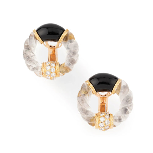 Boucles d'oreilles Boucheron - Boucles d'oreilles en or jaune, onyx, cristal et diamants 58 Facettes 1