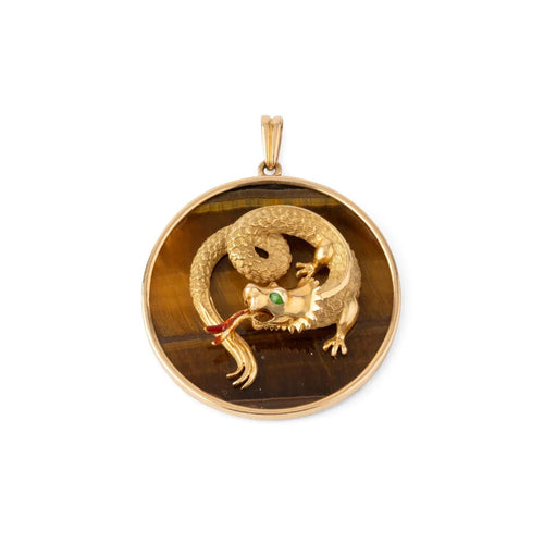 Pendentif Pendentif - Dragon en relief sur œil-de-tigre en or jaune 58 Facettes 1
