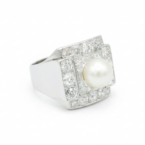 Bague 56 Art Déco - Bague en platine, perle de culture et diamants 58 Facettes 1.0001229
