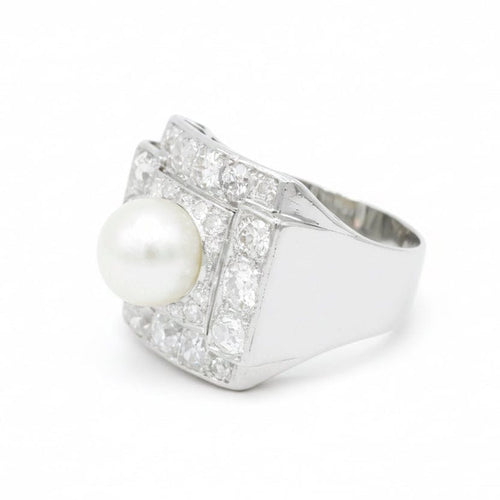 Bague 56 Art Déco - Bague en platine, perle de culture et diamants 58 Facettes 1.0001229