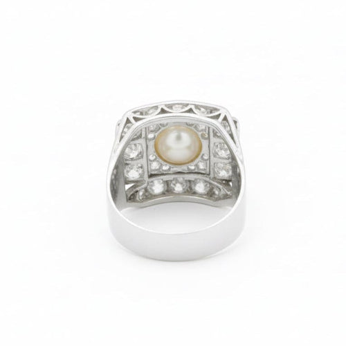 Bague 56 Art Déco - Bague en platine, perle de culture et diamants 58 Facettes 1.0001229