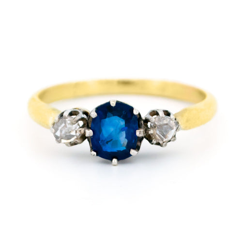 Bague 56 Bague trilogie en or jaune 14k et argent, saphir et diamants taille rose 58 Facettes DD99F1BA82CA487C95521C63ABB5EE54