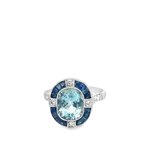 Bague 54 Style Art déco - Bague en platine, aigue-marine, saphirs et diamants 58 Facettes UN0021