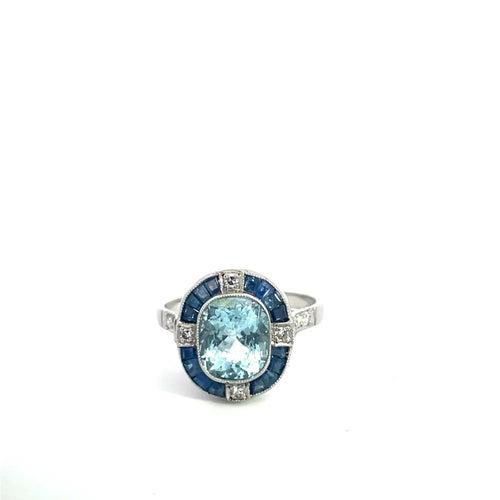 Bague 54 Style Art déco - Bague en platine, aigue-marine, saphirs et diamants 58 Facettes UN0021