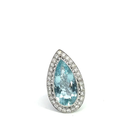 Bague 54 Art déco - Bague poire en platine, aigue-marine et diamants 58 Facettes UN0033