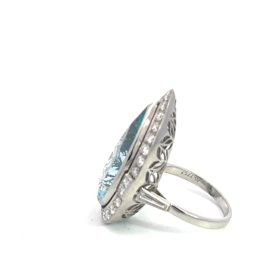 Bague 54 Art déco - Bague poire en platine, aigue-marine et diamants 58 Facettes UN0033