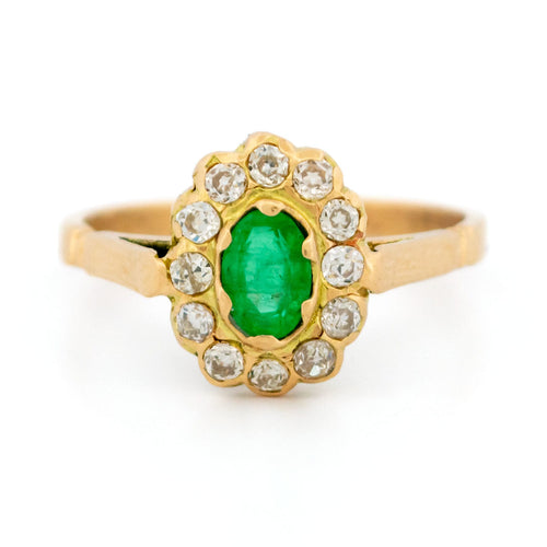 Bague 57 Bague entourage en or jaune 14k, émeraude et diamants taille ancienne 58 Facettes 8F664A17DBBA4FF58924C54857B241EA