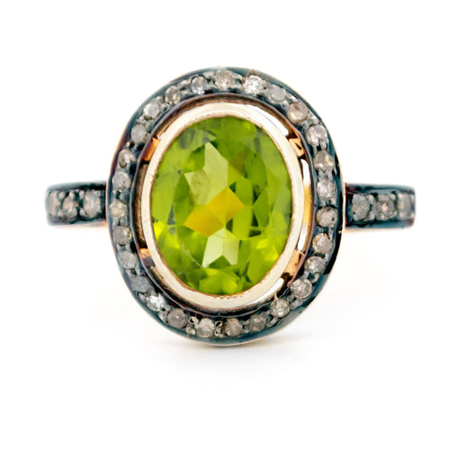 Bague 57 Bague - Or jaune 14k et argent 835, péridot et diamants taille rose 58 Facettes 59A304D36FB248E3A9438E4928EBB6EB
