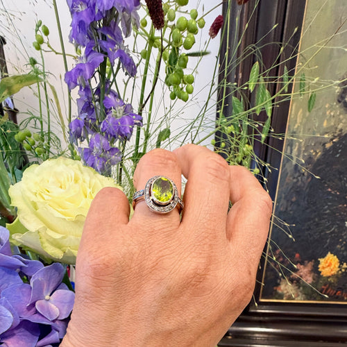 Bague 57 Bague - Or jaune 14k et argent 835, péridot et diamants taille rose 58 Facettes 59A304D36FB248E3A9438E4928EBB6EB