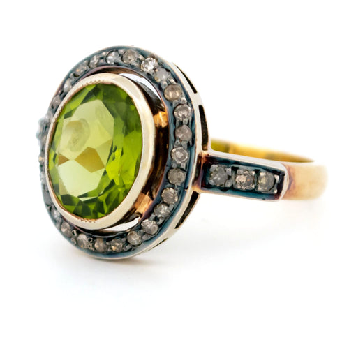 Bague 57 Bague - Or jaune 14k et argent 835, péridot et diamants taille rose 58 Facettes 59A304D36FB248E3A9438E4928EBB6EB
