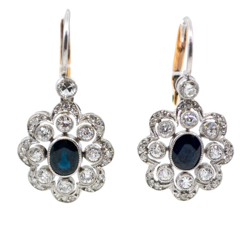 Boucles d'oreilles Boucles d’oreilles Art déco en platine et or 14k, saphirs et diamants taille ancienne 58 Facettes FFB5EF04AD7343ADA0FE8EC021D74486