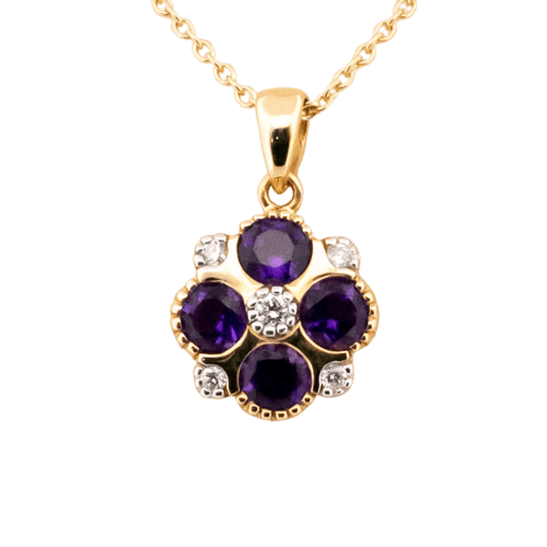 Pendentif Pendentif quadrilobé en or jaune et blanc 14k, améthystes et diamants 58 Facettes 6B0A3129622F45E3939C02926627031D