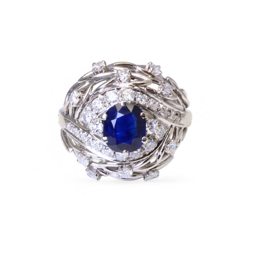 Bague 53 Bague dôme en platine saphir bleu naturel et diamants 58 Facettes