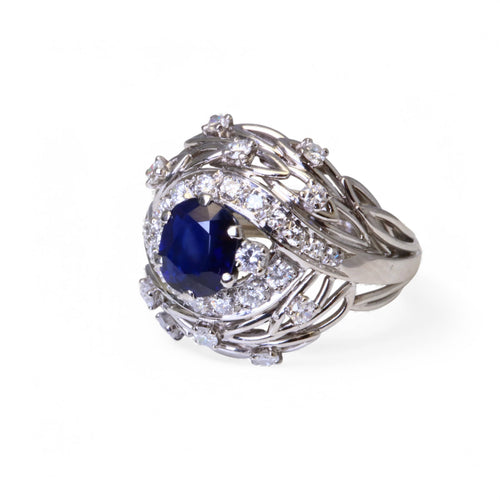 Bague 53 Bague dôme en platine saphir bleu naturel et diamants 58 Facettes