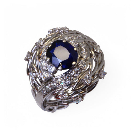 Bague 53 Bague dôme en platine saphir bleu naturel et diamants 58 Facettes