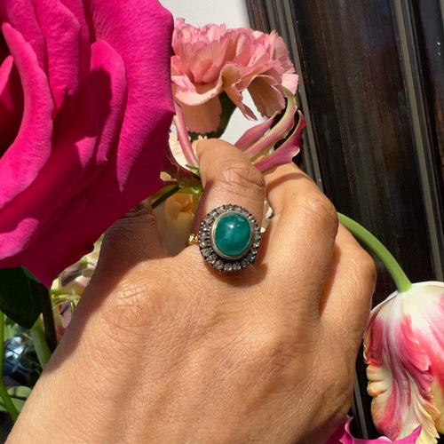 Bague 52 Bague entourage en or jaune 14k et argent 925, émeraude et diamants taille rose 58 Facettes E9F8FB6BD262458893EED162FC2CD578