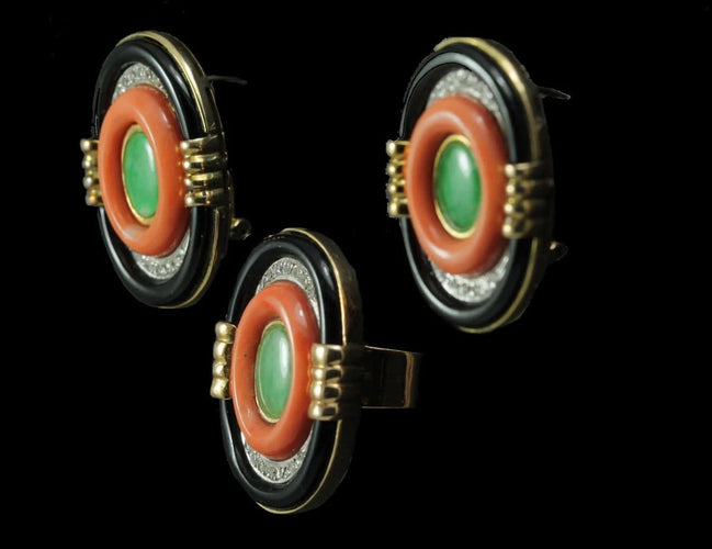 Bague 48 Ensemble Art déco - Boucles d'oreilles et bague en or 14 carats 58 Facettes 8434