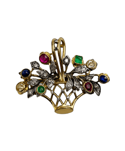 Pendentif Broche-pendentif bouquet en or jaune et blanc 18 carats, diamants et pierres précieuses 58 Facettes
