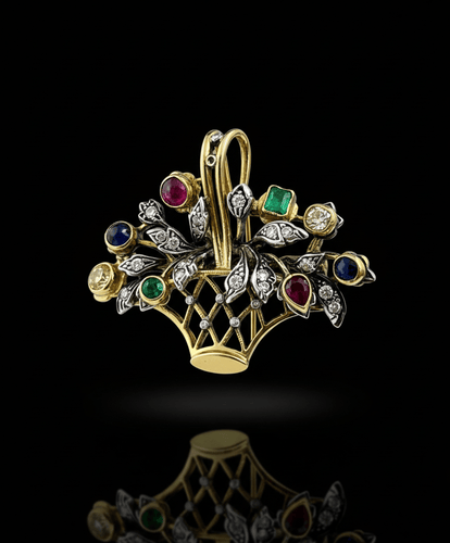 Pendentif Broche-pendentif bouquet en or jaune et blanc 18 carats, diamants et pierres précieuses 58 Facettes