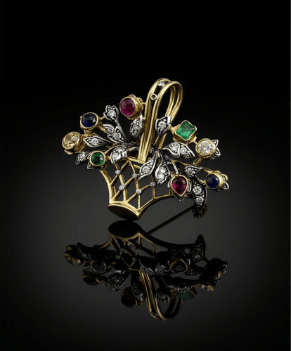 Pendentif Broche-pendentif bouquet en or jaune et blanc 18 carats, diamants et pierres précieuses 58 Facettes