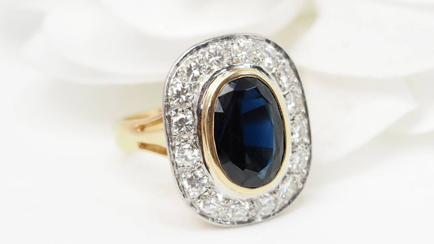 Bague 53.5 Bague pompadour en or jaune, platine, saphir et diamants 58 Facettes 32642
