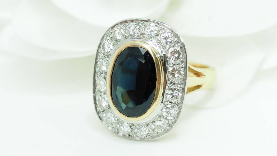 Bague 53.5 Bague pompadour en or jaune, platine, saphir et diamants 58 Facettes 32642
