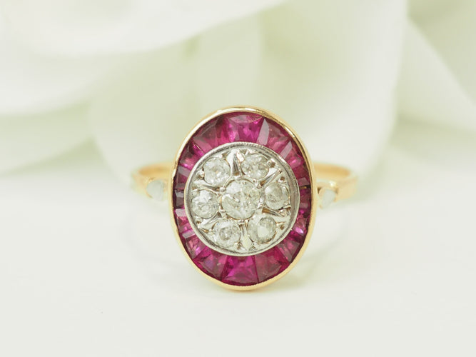 Bague 55 Art Nouveau - Bague en or jaune, platine, rubis et diamants 58 Facettes 33770