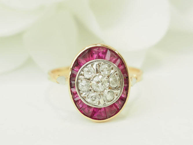 Bague 55 Art Nouveau - Bague en or jaune, platine, rubis et diamants 58 Facettes 33770