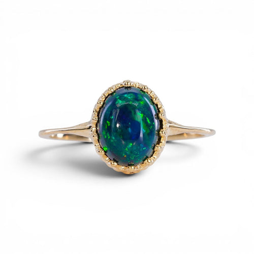 Bague 56 Bague en or jaune 14 ct avec opale noire naturelle 58 Facettes R003