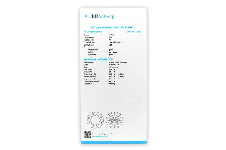 HRD - Diamant naturel taille brillant 0,89 ct F VS2 58 Facettes FVS2