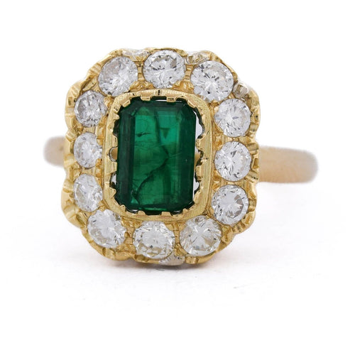 Bague 57 Bague vintage en or jaune 18 ct avec émeraude et diamants 58 Facettes AN655 (05619)