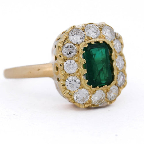 Bague 57 Bague vintage en or jaune 18 ct avec émeraude et diamants 58 Facettes AN655 (05619)