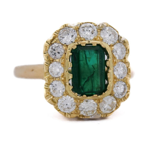 Bague 57 Bague vintage en or jaune 18 ct avec émeraude et diamants 58 Facettes AN655 (05619)