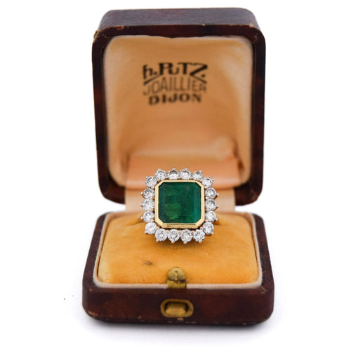 Bague 57 Bague vintage en or jaune 18 kt avec émeraude et diamants 58 Facettes AN656 (05619)