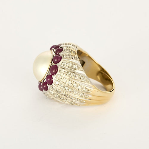 Bague 51 Bague cocktail en or blanc, diamants, rubis et perle bouton 58 Facettes BGperlerub&dts