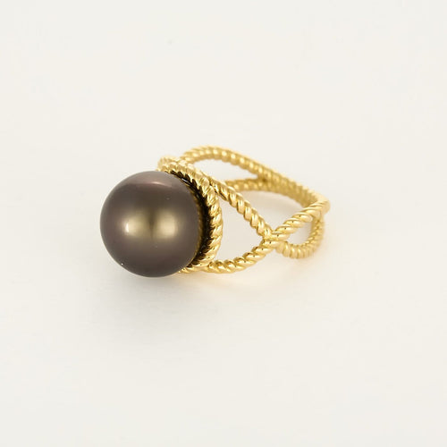 Bague 52 Bague torsadée en or jaune, platine et perle aubergine 58 Facettes P4L18