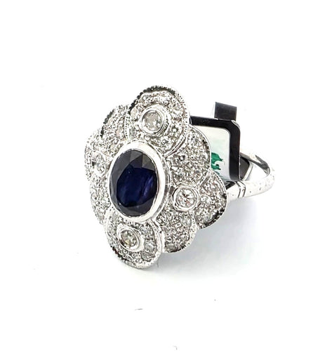 Bague 56 Bague en or blanc 18 ct avec saphir et diamants 58 Facettes 169/26 F 129/26
