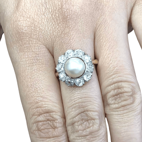 Bague 54 Bague en or jaune 18 ct, argent, diamants et perle naturelle 58 Facettes 353/26 B 187/26